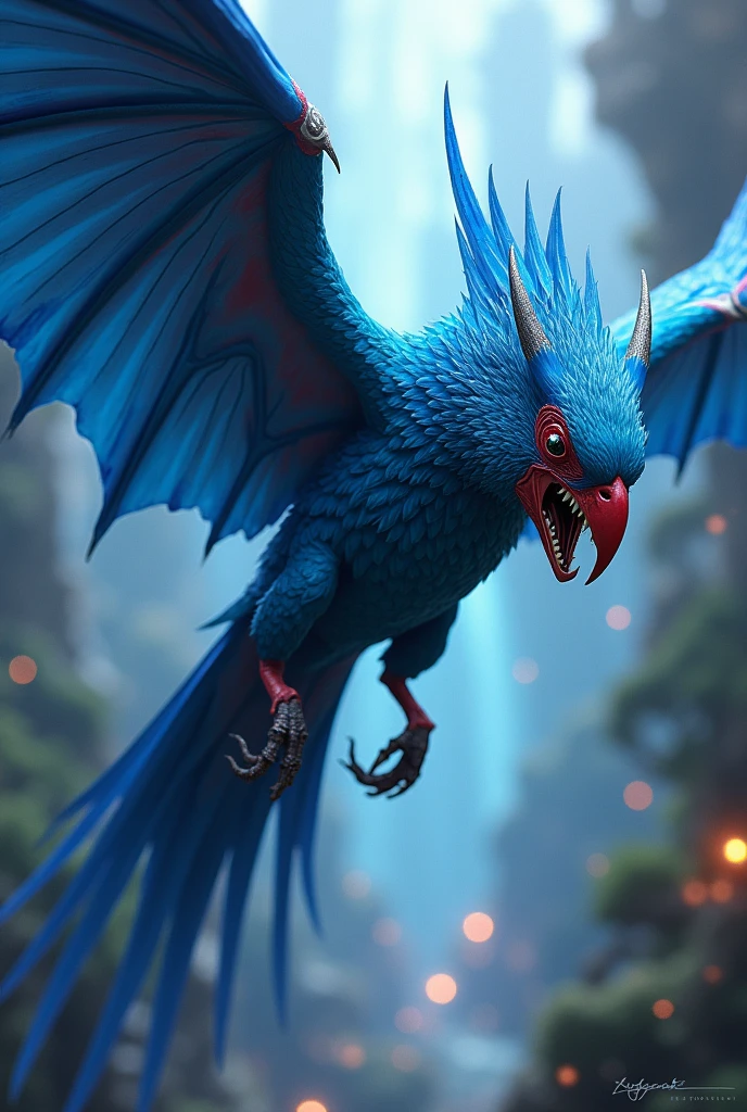 magical creature that is a mix of a blue macaw and a flying demon 