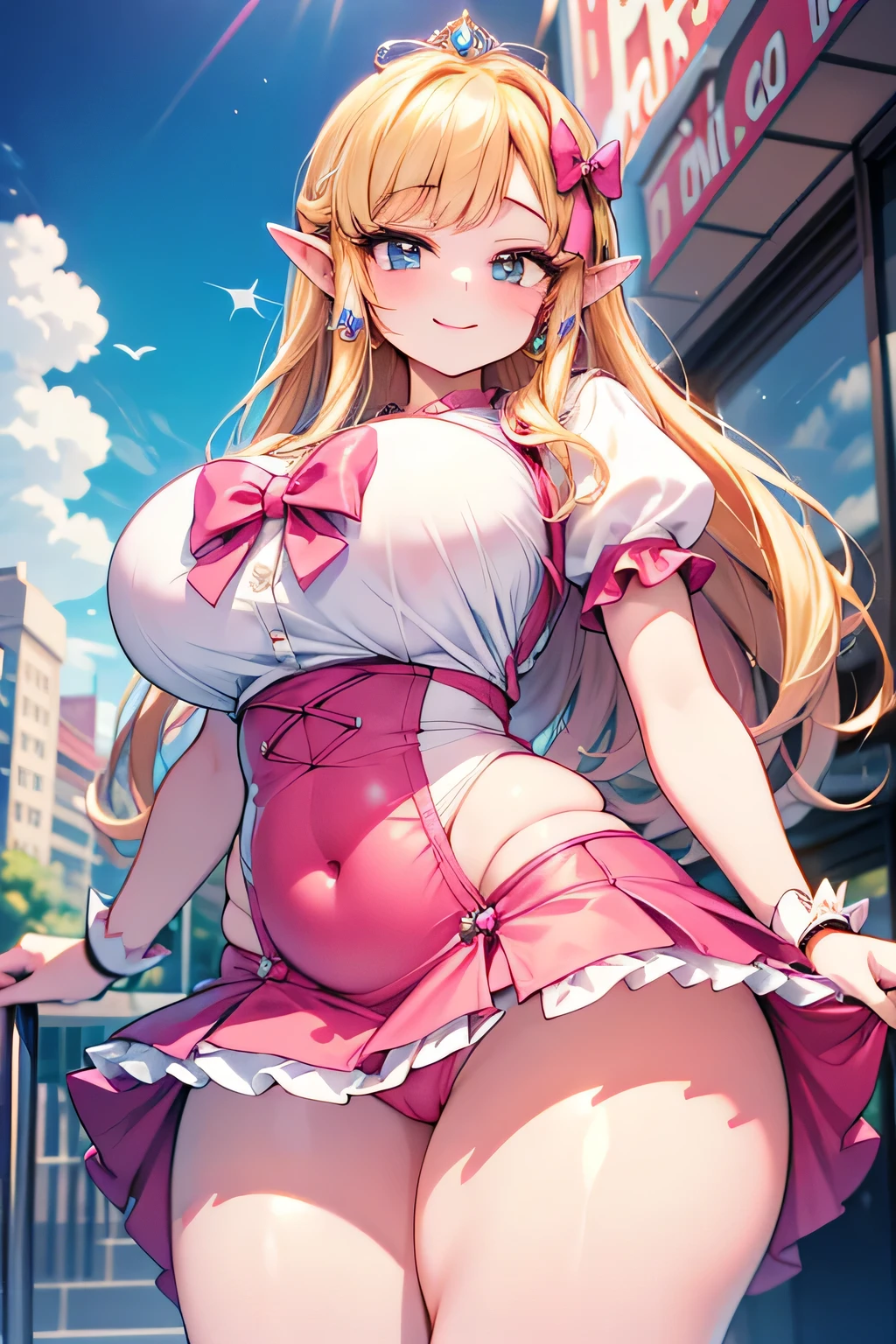 Hentai、High resolution、A busty girl with a plump figure shows off her charms with a smile in the downtown area、Pretty Cure、Princess Zelda、Magical Girl Frilly Skirt Dress、Perfect proportions、Cowboy Shot、Fatty thick legs、Clear eyes