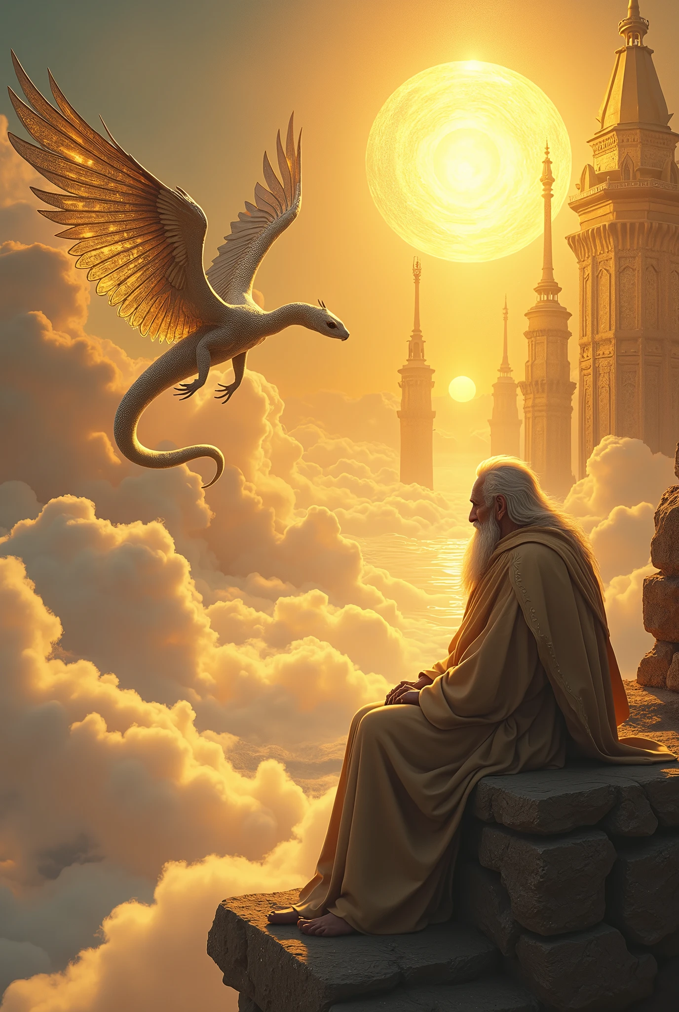 a place in the sky with clouds and where you can see a golden kingdom where there is an old wise man and a flying snake with wings