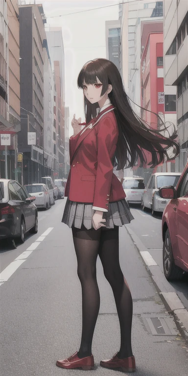 Yumeko Jabami from the anime Kakegurui, school uniform red coat, white shirt, dark gray plaid skirt, black tights and brown shoes. She is standing, looking at the camera low angle, background is black.