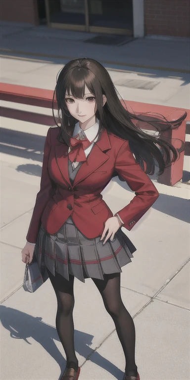 Yumeko Jabami from the anime Kakegurui, school uniform red coat, white shirt, dark gray plaid skirt, black tights and brown shoes. She is standing, looking at the camera low angle, background is black.