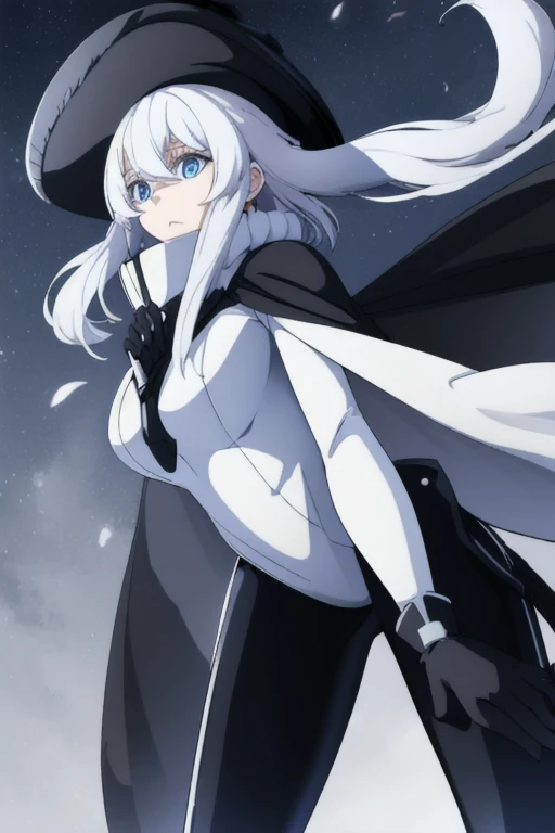 wo-class aircraft carrier, hat, gloves, hair, 1girl, white hair, solo, white skin, black gloves, bodysuit, blue eyes, black cape, leather pants, Masterpiece, Best Quality, night