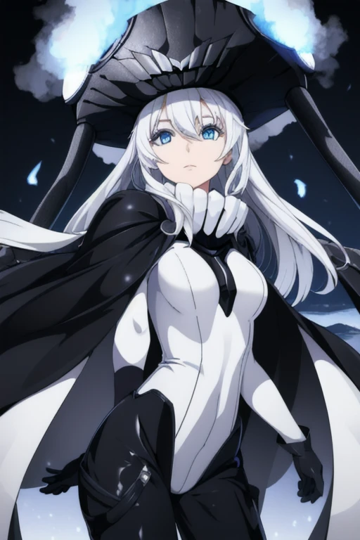 wo-class aircraft carrier, hat, gloves, hair, 1girl, white hair, solo, white skin, black gloves, bodysuit, blue eyes, black cape, leather pants, Masterpiece, Best Quality, night