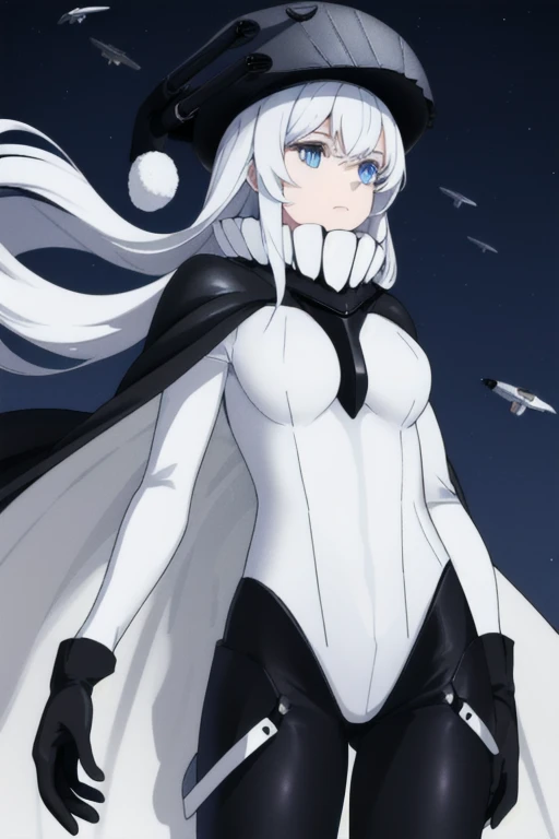 wo-class aircraft carrier, hat, gloves, hair, 1girl, white hair, solo, white skin, black gloves, bodysuit, blue eyes, black cape, leather pants, Masterpiece, Best Quality, night