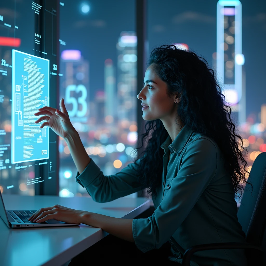 realistic photo of a (pretty girl, 20 years old, brunette, black eyes) at modern office using an air hologram interface resembling "Iron man" ones , (full lips) , ((perfect face)), [[mild smile]], proportionate body,mixed white-latina herritage, beautyfull, beautyfull face, [tanned skin], two arms, two legs, five fingers by hand, full body, (curly black long hair), girl in confortable office clothing viewing and touching translucid virtual screens floating on air, data on virtual floating panels, confortable appartament into glass building, night neon cyberpunk city behind huge glass panels, 