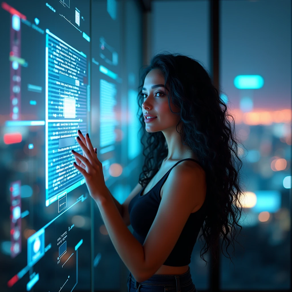 realistic photo of a (pretty girl, 20 years old, brunette, black eyes) at modern office using an air hologram interface resembling "Iron man" ones , (full lips) , ((perfect face)), [[mild smile]], proportionate body,mixed white-latina herritage, beautyfull, beautyfull face, [tanned skin], two arms, two legs, five fingers by hand, full body, (curly black long hair), girl in confortable office clothing viewing and touching translucid virtual screens floating on air, data on virtual floating panels, confortable appartament into glass building, night neon cyberpunk city behind huge glass panels, 