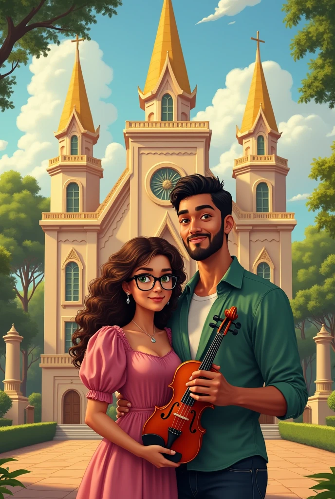 Make a picture of a couple in front of the Christian Congregation in Brazil.
The girl has brown curly hair, her face is inverted triangular and has beautiful cheeks, she wears glasses and has brown eyes. She wears a pink dress with puff sleeves and long.
The boy has a robust and beautiful body, is taller than her, has green eyes, black hair and a beautiful smile, he holds a violin.