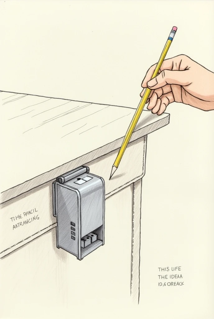 Generates a drawing of a pencil sharpener stuck to a table with a quote, A hand is sharpening a pencil with that pencil sharpener that is attached to the table.. Let the pencil sharpener be a simple, manual one in silver color.. Let it be drawing style. That the pencil is inside the sharpener, The sharpener is small and does not have any compartment for pencil waste.