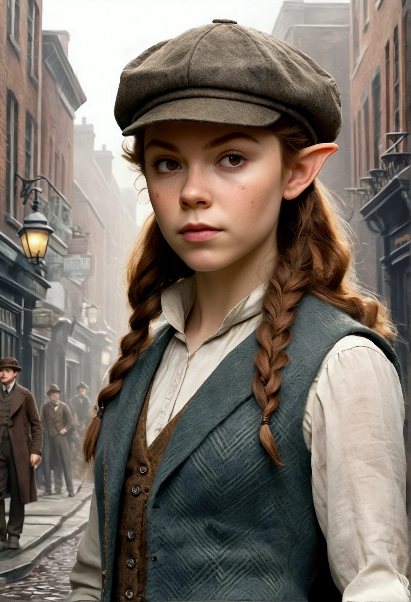 An illustrated movie poster, hand-drawn, full color, a teenage elven girl, wearing a tweed vest and a newsie cap, athletic hourglass figure, long pointy elf ears, dark hair, messy shaggy bob cut, rosy skin, freckles, resembles Margaery Tyrell, standing on a foggy victorian-era street corner, graphite shading, stencil marks, airbrushed acrylic paint, masterpiece, in the style of the Sherlock Holmes, elf ears