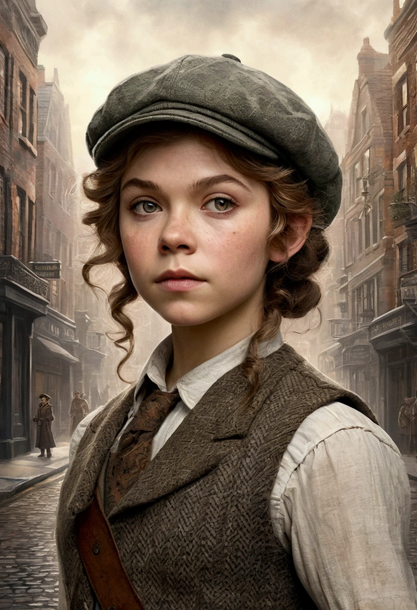 An illustrated movie poster, hand-drawn, full color, a teenage elven girl, wearing a tweed vest and a newsie cap, athletic hourglass figure, long pointy elf ears, dark hair, messy shaggy bob cut, rosy skin, freckles, resembles Margaery Tyrell, standing on a foggy victorian-era street corner, graphite shading, stencil marks, airbrushed acrylic paint, masterpiece, in the style of the Sherlock Holmes, elf ears