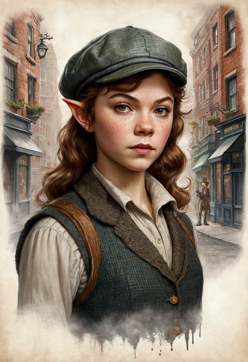 An illustrated movie poster, hand-drawn, full color, a teenage elven girl, wearing a tweed vest and a newsie cap, athletic hourglass figure, long pointy elf ears, dark hair, messy shaggy bob cut, rosy skin, freckles, resembles Margaery Tyrell, standing on a foggy victorian-era street corner, graphite shading, stencil marks, airbrushed acrylic paint, masterpiece, in the style of the Sherlock Holmes, elf ears