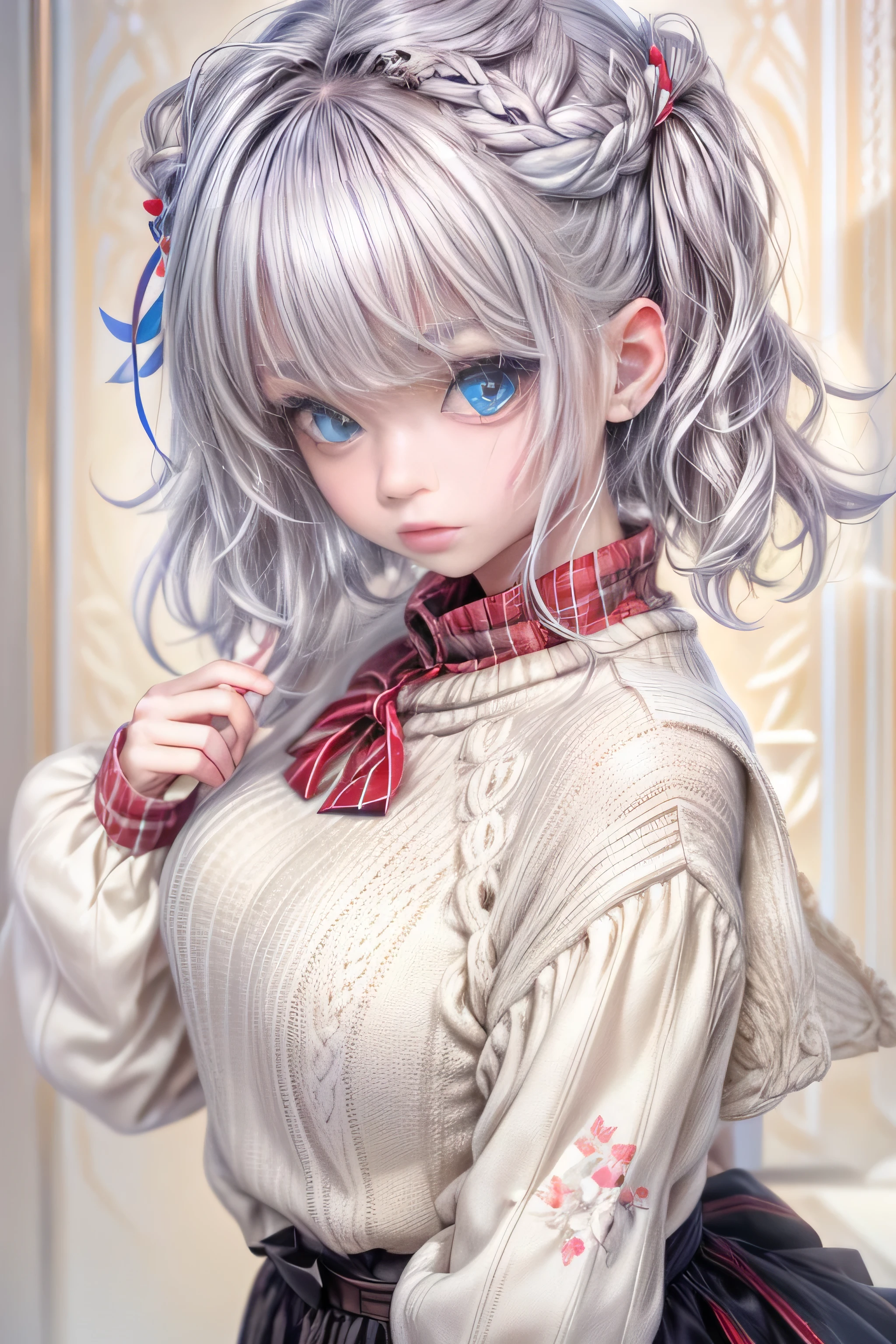 8k.Half Russian and half Japanese、Russian face、beautiful girl、princess、、Small face、Young face、Big eyes、Skinny、Small breasts、（（（Silver Hair、Silver Hair）））、With bangs、（（（High resolution big beautiful light blue eyes, ）））、Shortcuts、Bobcut、（（Sailor suit））、（（（Red ribbon in hair、Floral decoration）））、Partially braided、Red bow tie(masterpiece:1.3), (8k, Realistic, RAW Photos, Highest quality: 1.4), (One girl), Beautiful Face, (Realistic Face), (Black Hair, short hair:1.3), Beautiful hairstyle, Realistic eyes, Beautiful attention to detail, (Realistic Skin), Beautiful Skin, (sweater), Absurd, Charm, Ultra-high resolution, Ultra-realistic, Very detailed, Golden Ratio