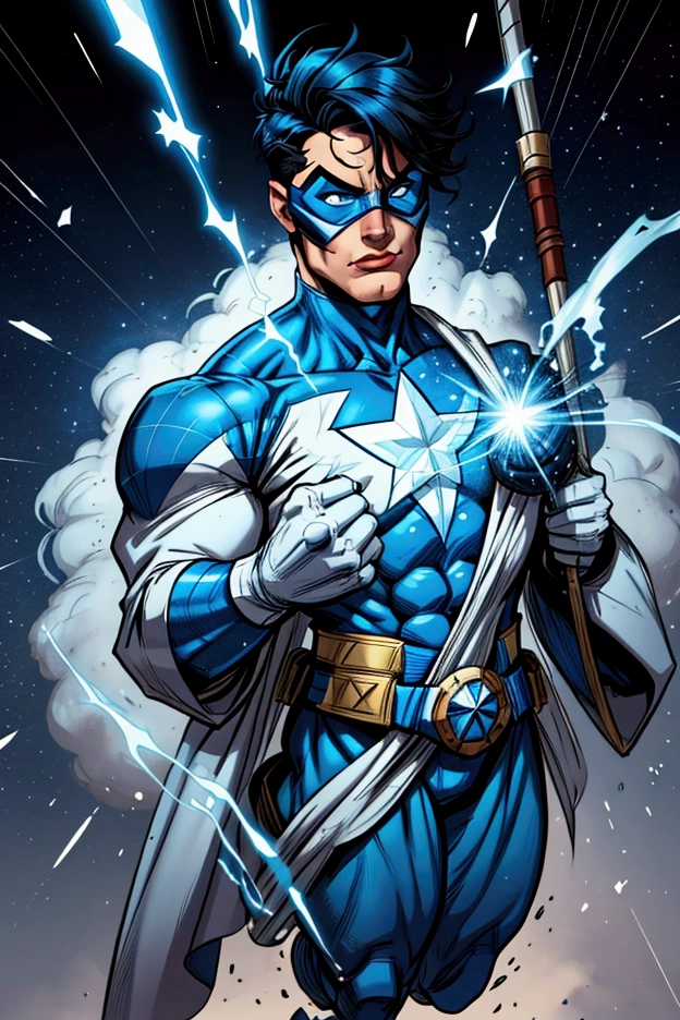 Spangled Kid – Create the image of a male hero. I want you to put your whole body in, from head to toe and have a white background The hero Sylvester Pemberton wears a blue costume, with several stylized white stars. He is swinging and wears an iron gauntlet with energy flowing from the evil ones. He wears a superhero mask to protect his identity covering his eyes and nose..