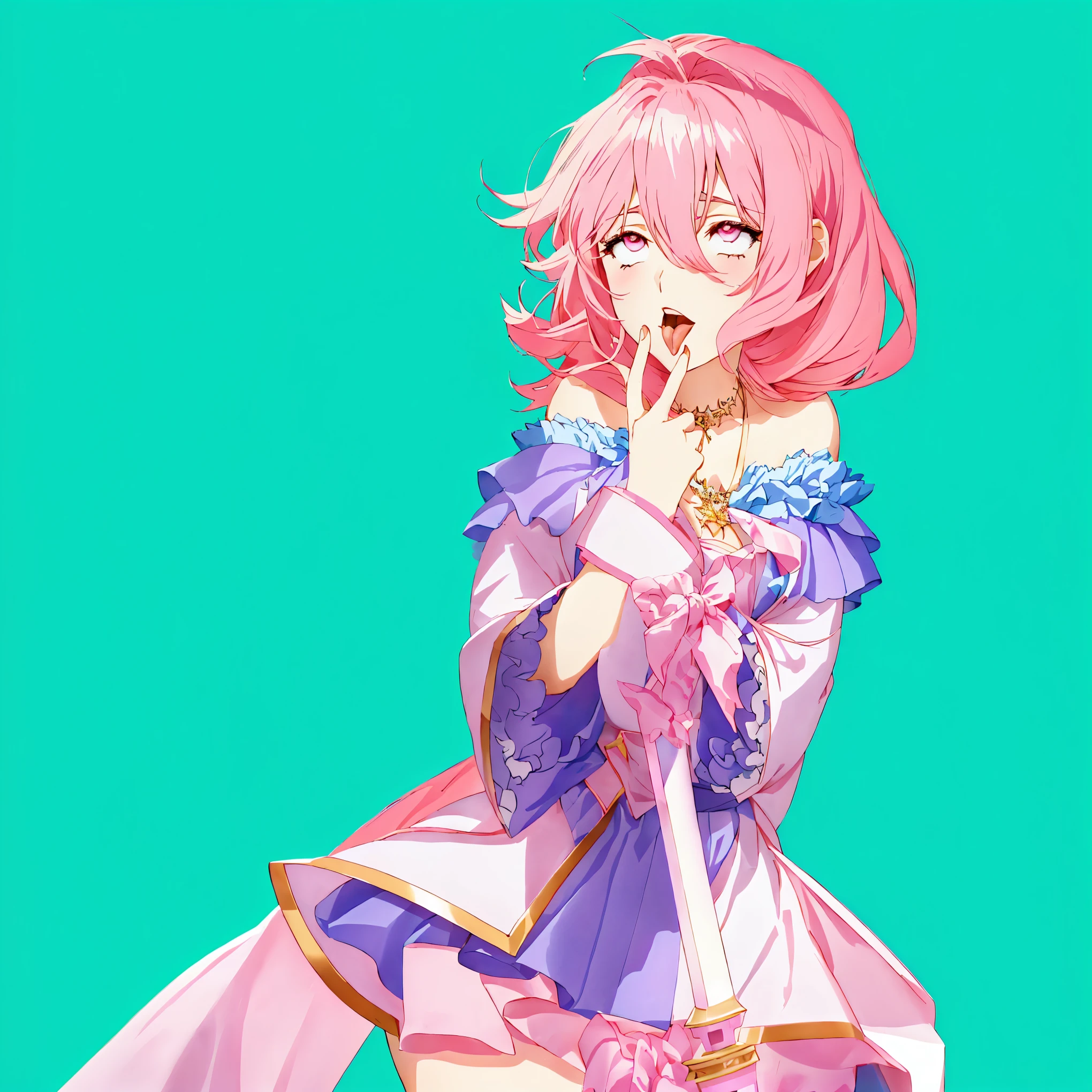 anime girl with pink hair and a blue dress holding a sword,anime styling, anime traits, garota com neckleace fazendo caretas, tongue out, garota com tongue out, neckleace, huge pink breasts, sexy breasts, sexy outfit, girl making a face, girl making a face, pretty girl, big boobies,