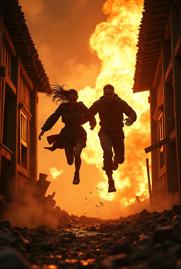Spawns two people jumping into a medieval-looking explosion in a wooden house