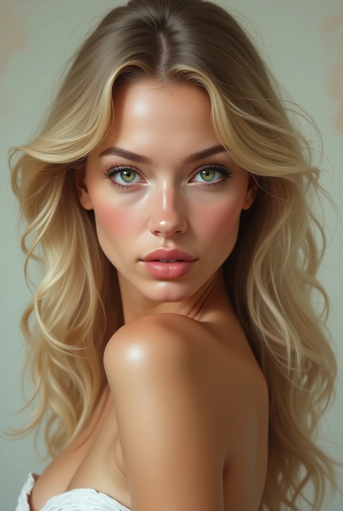 blonde woman with green eyes, of medium build 