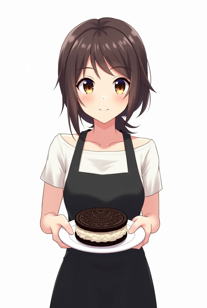 Woman in black apron holding plate with Oreo sandwich Anime White background
