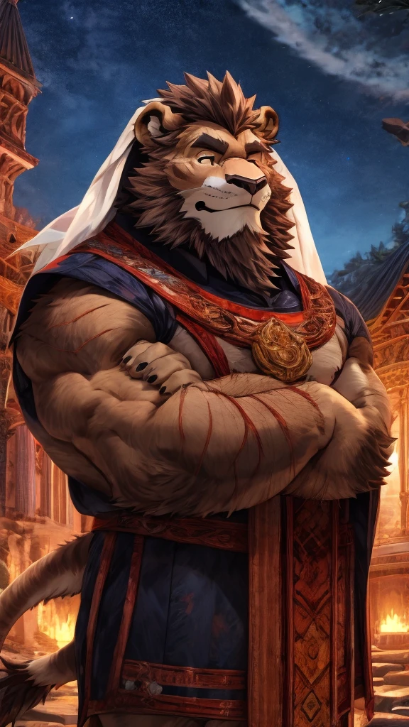 anime style, aid210, nj5furry, ((whole body)), ((priest)), ((plump middle-aged lion man)), BREAK ((brown eyes)), one eye closed, beautiful beard, beautiful ears, (male face:1.3), (big face:0.5), square jawline, (Male Eyes:1.2), (sharp eyes:0.8), (big eyes:0.5), male eyebrows, (innocent look:0.5), (beautiful black nails down to the last detail:1.2), BREAK (complete Anatomy), (detailed face:1.3), beautiful face, (detailed body), (beautiful hands:1.2), (detailed fingers:1.2), (detailed eyes:1.1), (beautiful Eyes:1.1), arm details, Leg Details, beautiful feet, BREAK Muscular anthlo, body hair, ((hairy skin)), fluffy, (detailed brown nipples:0.8), (blood vessel:-0.8), (glowing Skin:-0.7), (chest hair:0.5), (1 tail), (a beautiful and detailed small tail), BREAK night sky, outdoor, ultra detailed, highest quality, ultra-high resolution, realistic, 16K, masterpiece, beautiful detailed, perfect solution, absurdists, (faint light),