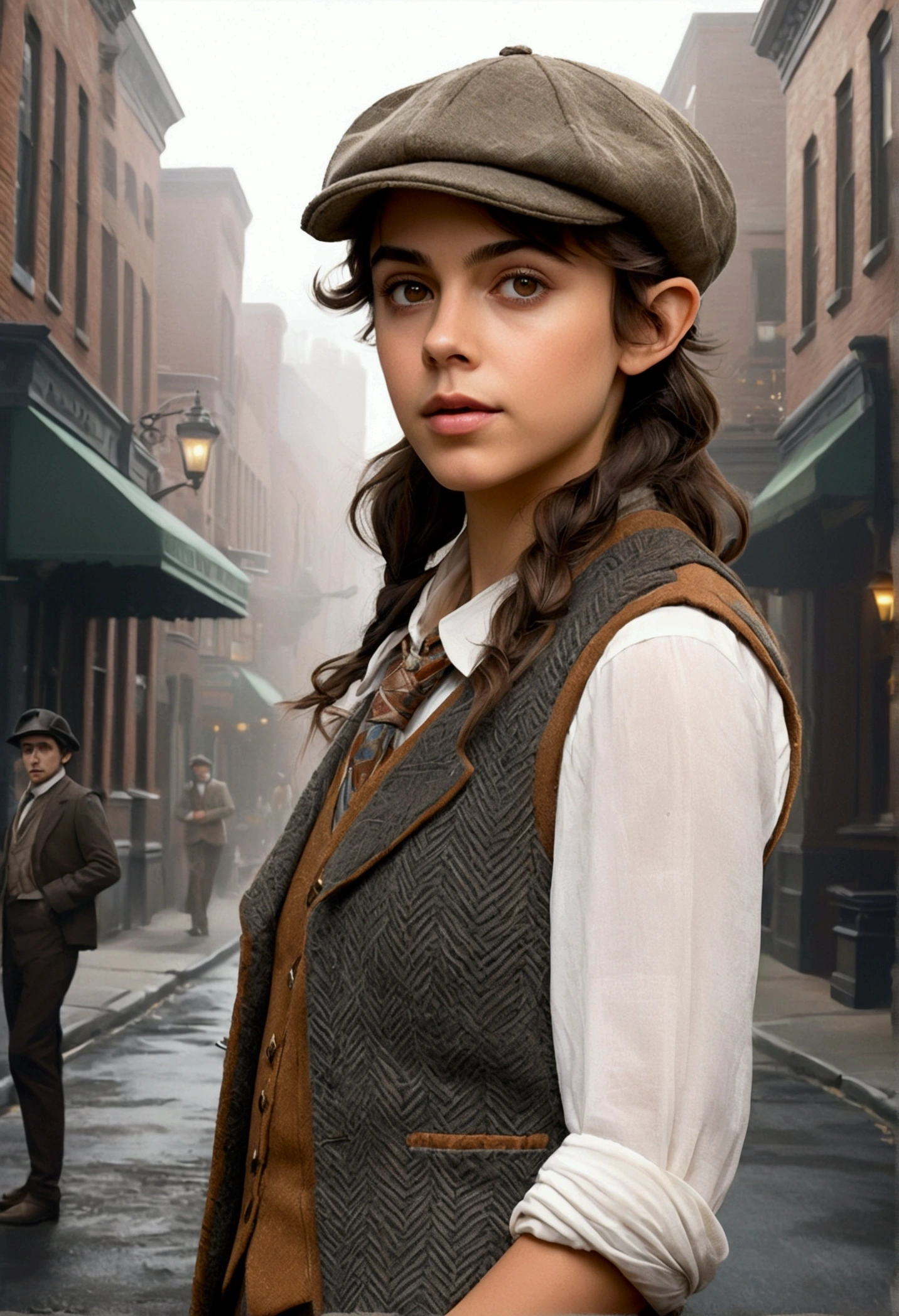 An illustrated movie poster, hand-drawn, full color, a teenage elven girl, wearing a tweed vest and a newsie cap, athletic hourglass figure, long pointy elf ears, dark hair, messy shaggy bob cut, deep sun-tanned skintone, resembles Ana De Armas, standing on a foggy victorian-era street corner, graphite shading, stencil marks, airbrushed acrylic paint, masterpiece, in the style of the Sherlock Holmes, elf ears