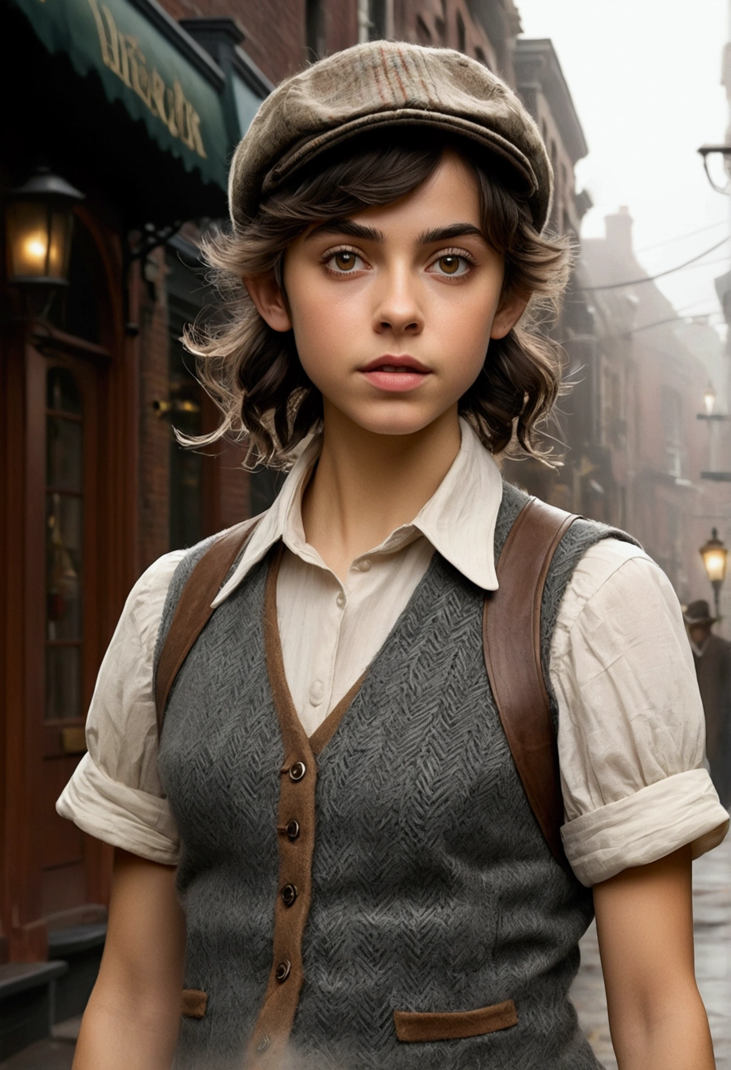 An illustrated movie poster, hand-drawn, full color, a teenage elven girl, wearing a tweed vest and a newsie cap, athletic hourglass figure, long pointy elf ears, dark hair, messy shaggy bob cut, deep sun-tanned skintone, resembles Ana De Armas, standing on a foggy victorian-era street corner, graphite shading, stencil marks, airbrushed acrylic paint, masterpiece, in the style of the Sherlock Holmes, elf ears
