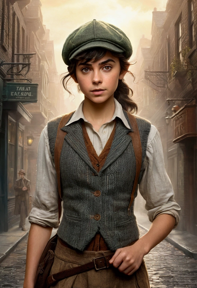 An illustrated movie poster, hand-drawn, full color, a age elven girl, wearing a tweed vest and a newsie cap, athletic hourglass figure, long pointy elf ears, dark hair, messy shaggy bob cut, deep sun-tanned skintone, resembles Ana De Armas, standing on a foggy victorian-era street corner, graphite shading, stencil marks, airbrushed acrylic paint, masterpiece, in the style of the Sherlock Holmes, elf ears