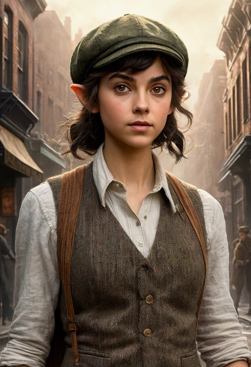An illustrated movie poster, hand-drawn, full color, a teenage elven girl, wearing a tweed vest and a newsie cap, athletic hourglass figure, long pointy elf ears, dark hair, messy shaggy bob cut, deep sun-tanned skintone, resembles Ana De Armas, standing on a foggy victorian-era street corner, graphite shading, stencil marks, airbrushed acrylic paint, masterpiece, in the style of the Sherlock Holmes, elf ears