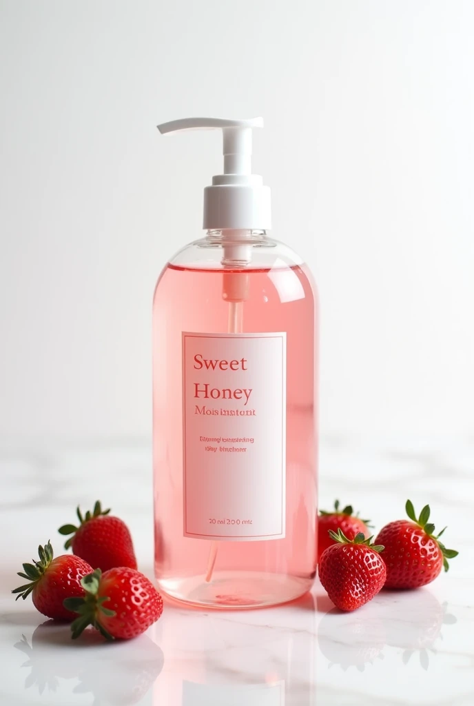 White background with a white quartz table with a large, transparent cylindrical bottle of body moisturizer with strawberries around it with the tip open and the label reading Sweet Honey, written below Strawberry Moisturizer the liquid inside the product must be baby pink