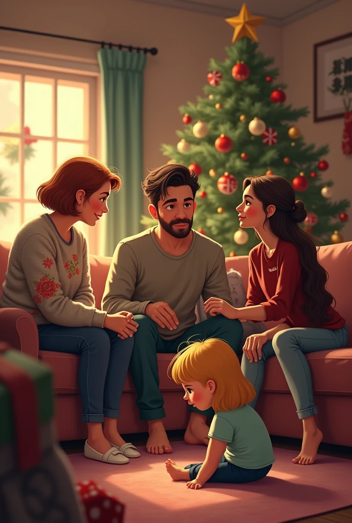 supper:
The image depicts a cozy living room, decorated for Christmas. The room is lit by soft, warm lights, with a decorated Christmas tree in the background and Christmas decorations scattered around the room. The atmosphere is relaxed and welcoming, with comfortable furniture and a festive atmosphere.
Personagens:
1. Woman mais velha (4): She has reddish-brown hair that falls to her shoulders., some light freckles on her face and she is smiling warmly. Ela veste jeans, a floral sweater and boots, and holds a glass of wine while having fun.
2. naughty man: A thin man with short dark hair, besides a small beard. He wears a striped polo shirt, blue pants and brown shoes. He is in animated conversation with the older woman.
3. Woman (33 years old): She has brown hair with blonde highlights., tied in a bun. She is wearing a sweatshirt, jeans and Adidas sneakers. She holds a cell phone and chats happily with her niece..
4. Woman (18-years old): A chubby young woman with long hair, Wavy and dark. She is wearing a “Friends” T-shirt and dark pants.. He is also holding a phone and is having fun with his aunt., a mulher de 3.
5. child (naughty girl, ): A blonde with long hair, sitting on the floor and playing. She is happy and focused on her play..
This scene captures a family moment of togetherness and fun during Christmas., with each character showing their unique characteristics and interacting naturally in a festive and welcoming environment.