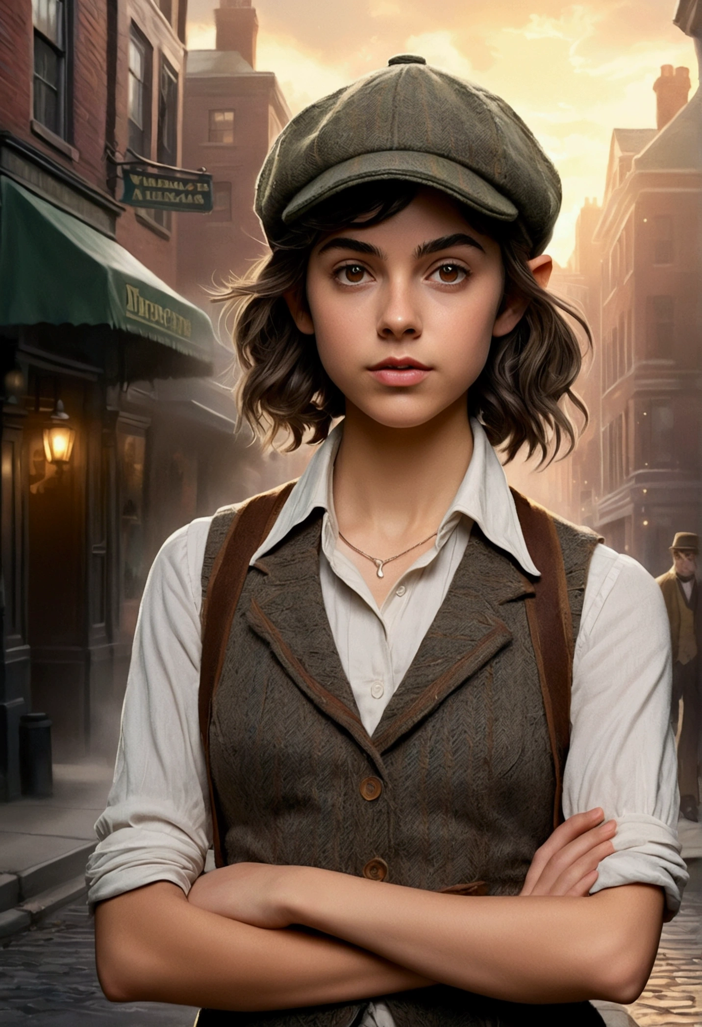 An illustrated movie poster, hand-drawn, full color, a teenage elven girl, wearing a tweed vest and a newsie cap, athletic hourglass figure, long pointy elf ears, dark hair, messy shaggy bob cut, deep sun-tanned skintone, resembles Ana De Armas, standing on a foggy victorian-era street corner, graphite shading, stencil marks, airbrushed acrylic paint, masterpiece, in the style of the Sherlock Holmes, elf ears
