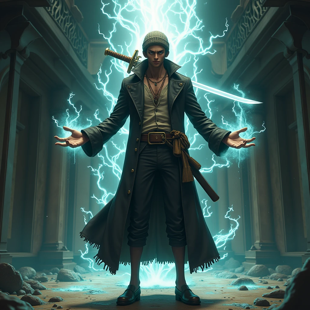 a highly detailed and realistic 3D render of trafalgar law from one piece wearing a knit hat, long coat, and carrying a long sword, using magic to manipulate the room around him, octane render, photorealistic, surreal, 8k, masterpiece, extremely precise, hyper-detailed skin, hyper-realism, extremely detailed