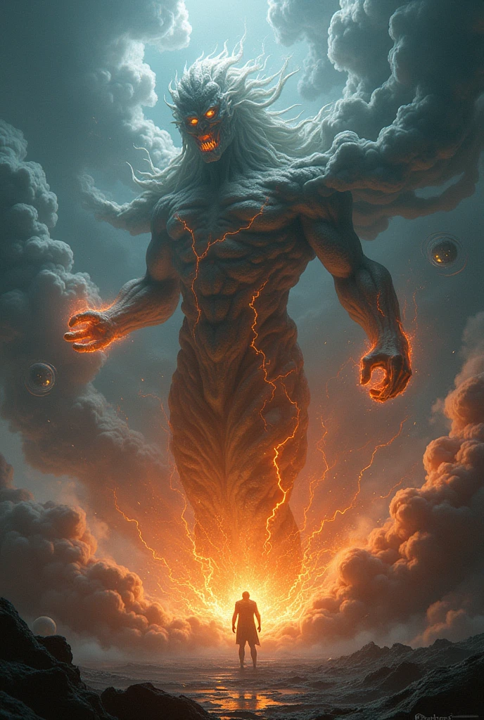Comando: "Create a scene where a massive and powerful entity named 'Molecular Disorder' reappears, attempting to disrupt and break apart atomic bonds. The entity is depicted as a swirling, chaotic figure made of energy, with dark clouds, crackling lightning, and tendrils of energy reaching out to atoms, symbolizing the force trying to disorganize and separate them. The scene should be dramatic and intense, with visual cues of instability and disorder."