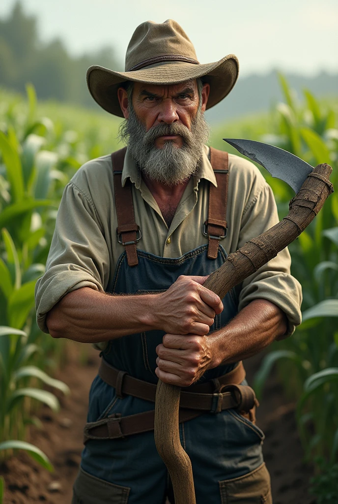 Farmer holding a sickle with a mean face