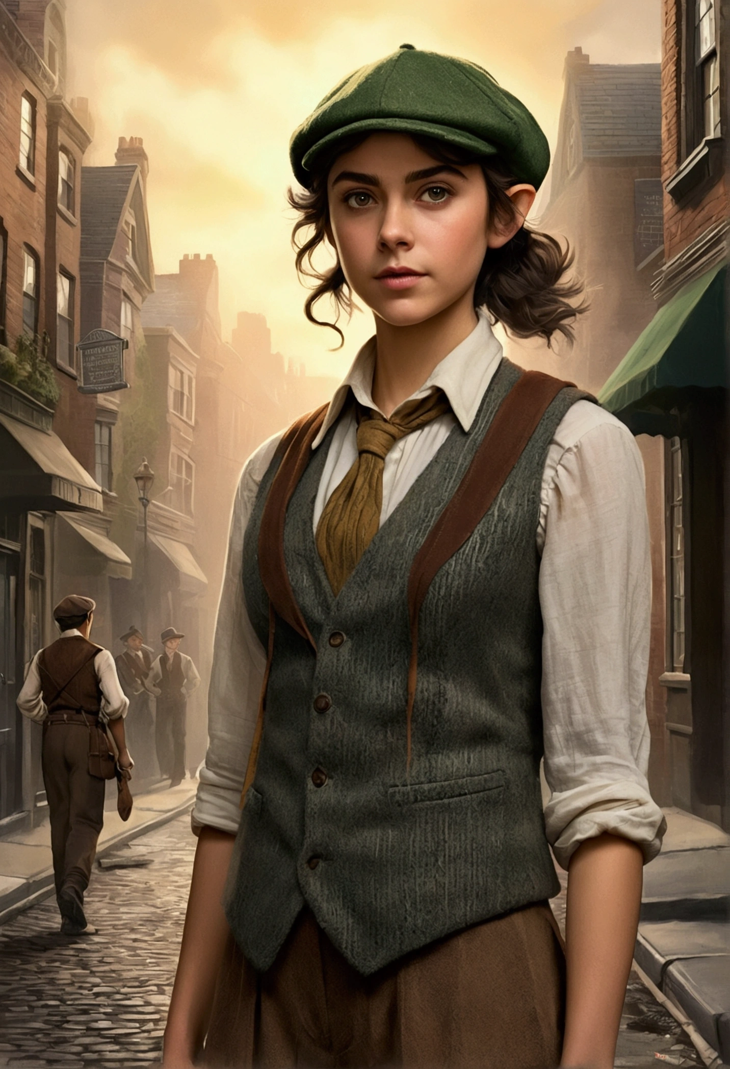 An illustrated movie poster, hand-drawn, full color, a teenage elven girl, wearing a tweed vest and a newsie cap, athletic hourglass figure, long pointy elf ears, dark hair, messy shaggy bob cut, deep sun-tanned skintone, resembles Ana De Armas, standing on a foggy victorian-era street corner, graphite shading, stencil marks, airbrushed acrylic paint, masterpiece, in the style of the Sherlock Holmes, elf ears