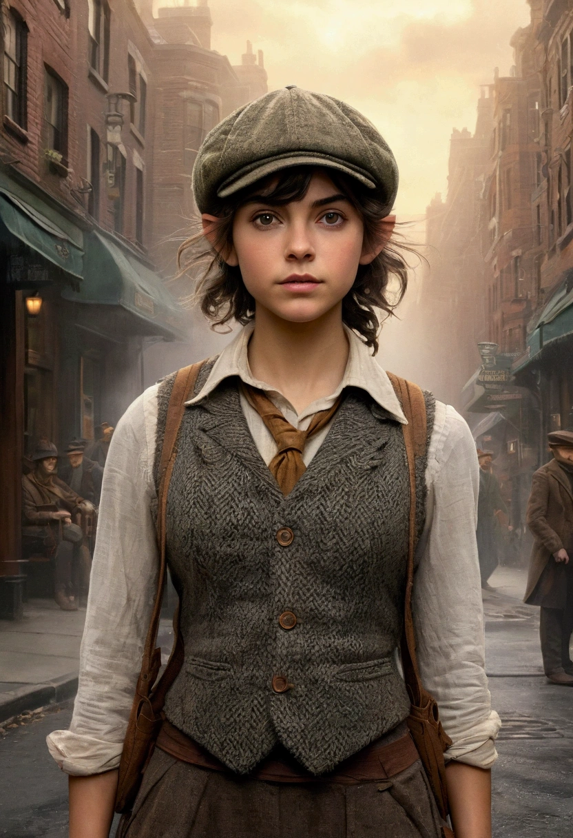 An illustrated movie poster, hand-drawn, full color, a age elven girl, wearing a tweed vest and a newsie cap, athletic hourglass figure, long pointy elf ears, dark hair, messy shaggy bob cut, deep sun-tanned skintone, resembles Ana De Armas, standing on a foggy victorian-era street corner, graphite shading, stencil marks, airbrushed acrylic paint, masterpiece, in the style of the Sherlock Holmes, elf ears