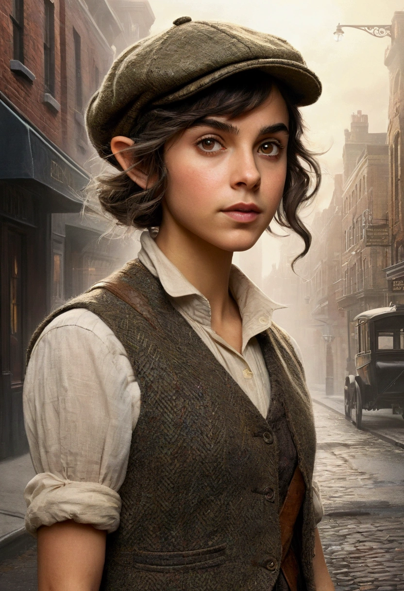 An illustrated movie poster, hand-drawn, full color, a teenage elven girl, wearing a tweed vest and a newsie cap, athletic hourglass figure, long pointy elf ears, dark hair, messy shaggy bob cut, deep sun-tanned skintone, resembles Ana De Armas, standing on a foggy victorian-era street corner, graphite shading, stencil marks, airbrushed acrylic paint, masterpiece, in the style of the Sherlock Holmes, elf ears