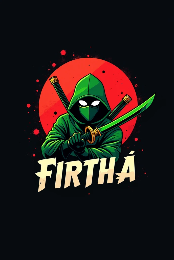 I want a logo that says "fifth" in Spanish with a green ninja who has a green katana with gold decoration and completely white eyes and his mouth is covered by a bright green mask , with a black and red background with gold decoration