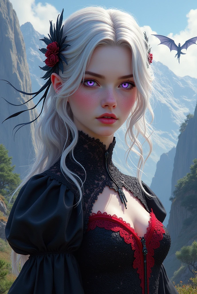 Beautiful girl with silver hair and purple eyes wearing a black and red dress with a landscape with dragons 