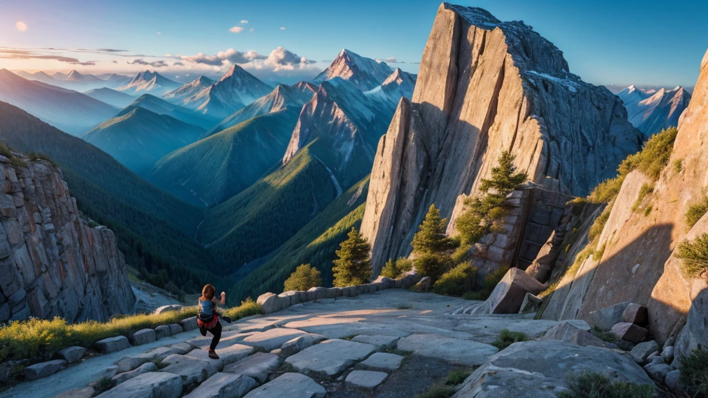 "The image should depict a person climbing over a large obstacle or barrier, with a determined and resilient expression. Show elements like a mountain or a wall, and a clear path forward to symbolize overcoming setbacks. The scene should be dynamic and full of energy."