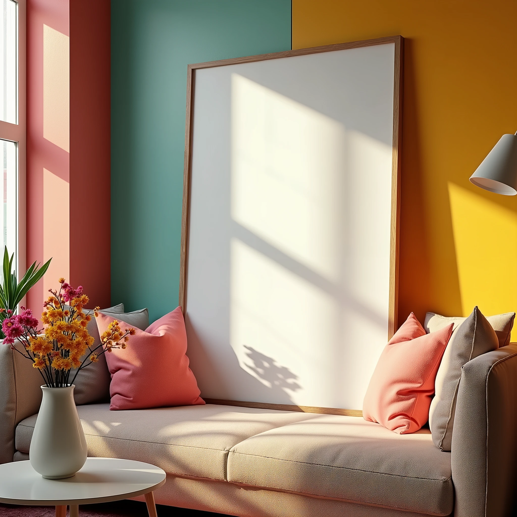A hyper-realistic HDR scene in a cozy living room filled with vibrant colors and natural light. The focus is on a vertical A4 frame with a blank white canvas, hanging on a brightly colored accent wall. The room is furnished with a modern sofa adorned with colorful throw pillows, and a nearby coffee table holds a vase of fresh, vivid flowers. The sunlight filters through large windows, creating a lively and warm atmosphere. The overall mood is cheerful, with the blank canvas ready to inspire creativity in this vibrant living space