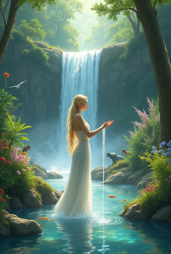 Create a drawing of a river with a waterfall and lots of animals and plants around it, plus a beautiful blonde woman in a white dress inside it, with water pouring from his hands into the river stream
