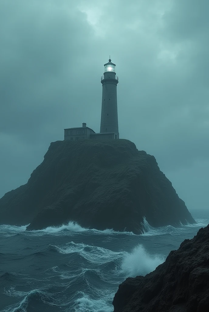 A remote, rocky island in the middle of the Atlantic Ocean, with a tall, solitary lighthouse standing on its edge. The sky is overcast, and the sea below is turbulent with dark waves crashing against the cliffs. The atmosphere is eerie and isolated, with a sense of impending mystery.