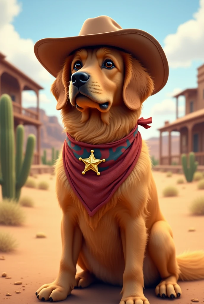 A golden retriever dressed as a cowboy with a bandana around its neck and a sheriff&#39;s badge in profile 