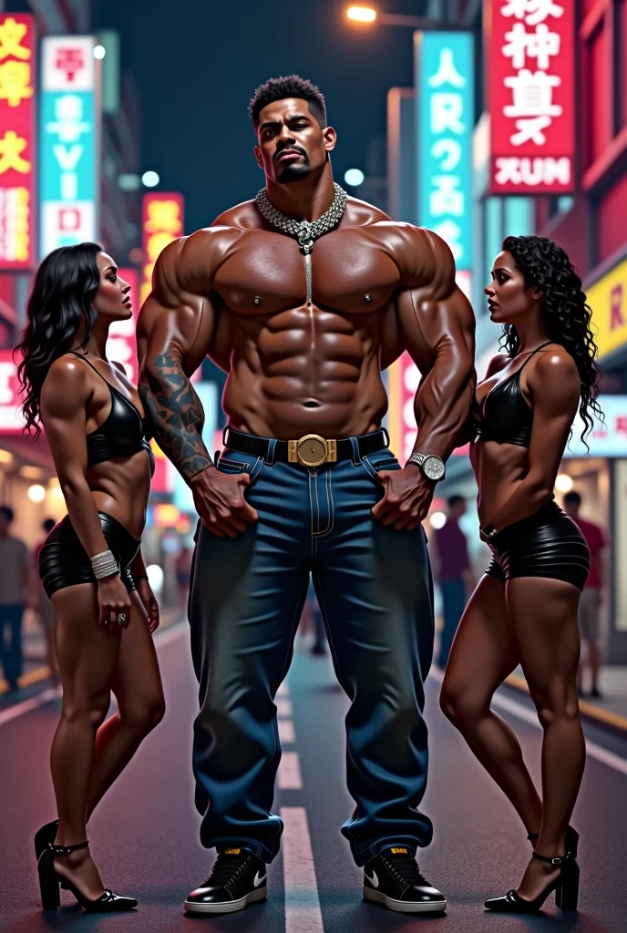 Pornstar Fusion, full body bodybuilder, dj, rapper, multimillionaire, Famous, masculine, disease, eyes, tough man, 1,85cm and 120kg of pure muscle 8% body fat , Silver chain with gold diamonds., Rolex luxury watch, 8 pack abs, You can see a big bulge in his pants, revealing his big XXL penis, which he hides full-length, 25 cm, in tight jeans and Everlast shoes, in front of two delighted and passionate women in leather and boots.. Background on an old street in Tokyo full of vibrant neon lights illuminating the numbered signs of the shops.