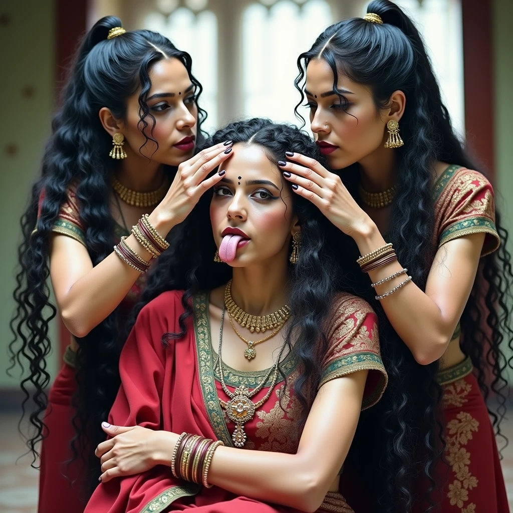 (Best Quality),(High resolution),(8k),(Masterpiece),indian kali temple,two mature ladies in sarees,stand out against the dark, mystical backdrop. Their unnaturally black, extreme coiled 3C curly hair, reminiscent of coiled springs, draws the eye with its inexplicable sheen and volume. Each strand seems to have been meticulously crafted by an unseen hand, coiled and coiled a million times over until it reaches a state of surreal perfection. The hair appears to have been showered with an unimaginable amount of oil, so much so that it resembles wet pulp, saturated and absorbing the light around them.kneeled,bend over and hands on the ground,one lady kissing head scalp from behind keeping tongue out((show me squat pose lady' tongue out,long tongue:1.0)),((perfect color grading))