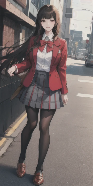 Yumeko Jabami from the anime Kakegurui, school uniform red coat, white shirt, dark gray plaid skirt, black tights and brown shoes.