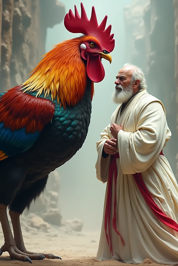 a strong and avenging Rooster with imposing muscles facing an old man with white clothes and red details without a symbol