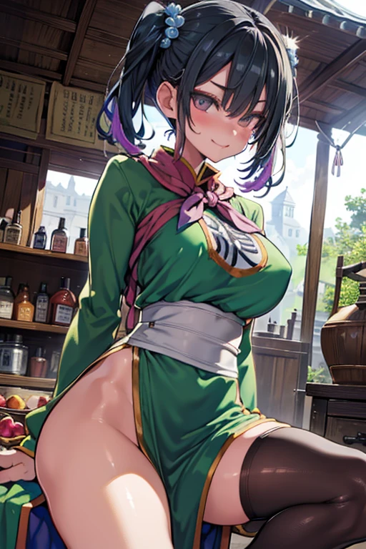 embarrassed,
seductive smile,
(sitting), (raised leg invitation:1.5),(cowboy shot),(extreme close-up of thigh:1.5), (The view is from very close below:1.5), ((leg up)),Dynamic Angle,
fighter \(dq3\),dq3,Female Warrior,((Highest quality)), ((masterpiece)),(detailed),High resolution,Sharp focus,Perfect Face,{best illustration},(complete anatomy),
shiny 肌,very shiny 肌,Shiny body,plastic glitter 肌,exaggerated shiny 肌,illuminated 肌,curvy,
(非常にdetailed CG unity 8k wallpaper),(((Vibrant colors))),Sharp Eye,Medium chest,(Perfect body,Perfect breasts,Perfect Fingers),
Official Art 1 Girl,Twin tails,Black Hair,Dark Eyes, hair ornaments,Hair Bobble,
Muscular,Firm Abdomen,Long legs,
Medieval European style,Medieval landscape,Fascinating market stalls,Cobblestone Street,Magical artifacts and potions,A large amount of ingredients,
Long sleeve,dress, Medium chest,Green Chinese Clothing, Hair Bobble, Green Trail Clothes,Black boots,