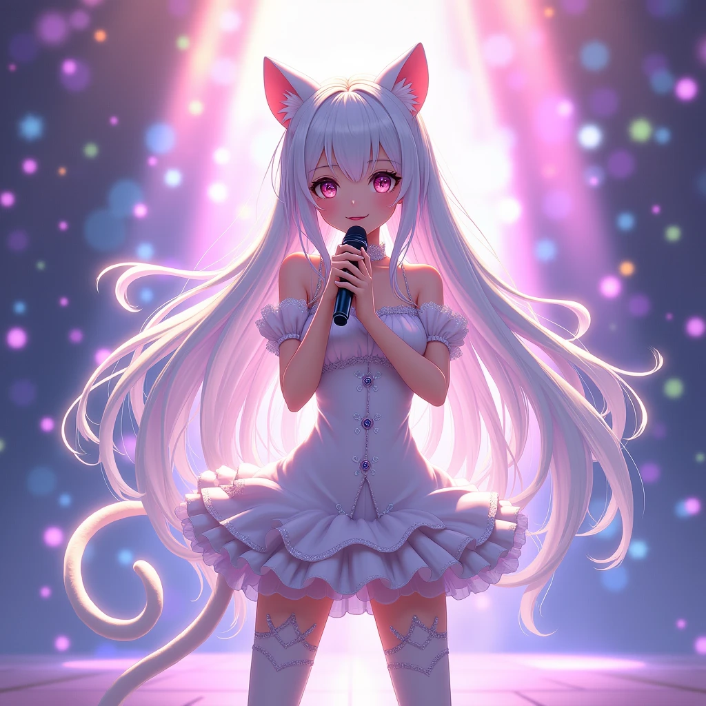 A magical girl with anime aesthetics who is an idol with long white hair and cat ears and tail., wearing a short skirt and with a microphone in her hand singing

