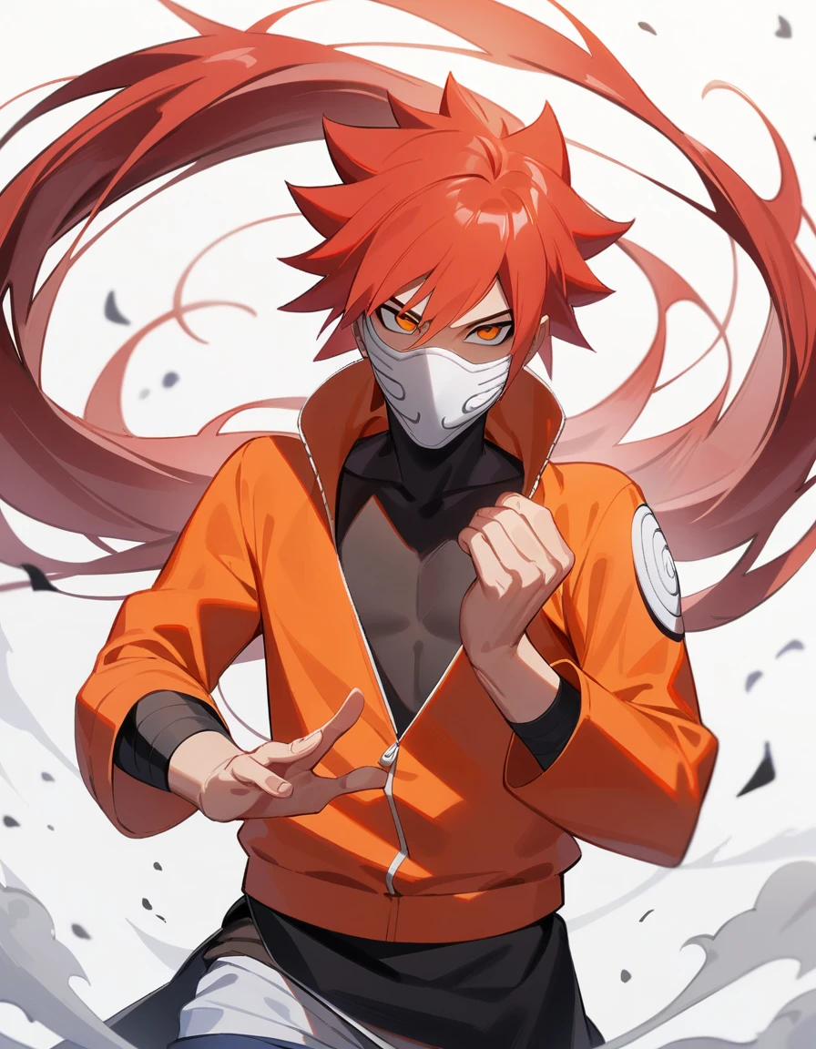 1boy, male focus, Karin Uzumaki, red hair, long hair, Naruto Shippuden, Full Hollow Mask, Bleach, red jacket, masterpiece, best quality, very aesthetic, art done by Masashi Kishimoto