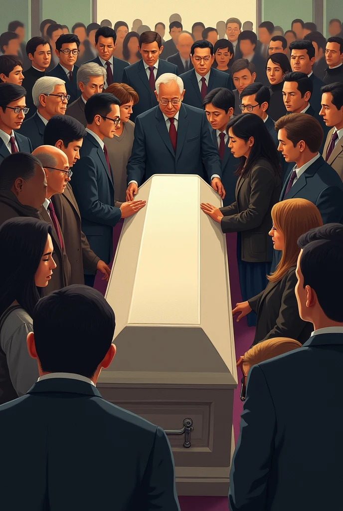Images of people going to enter a person with somewhat informal clothing and some people ordering the coffin